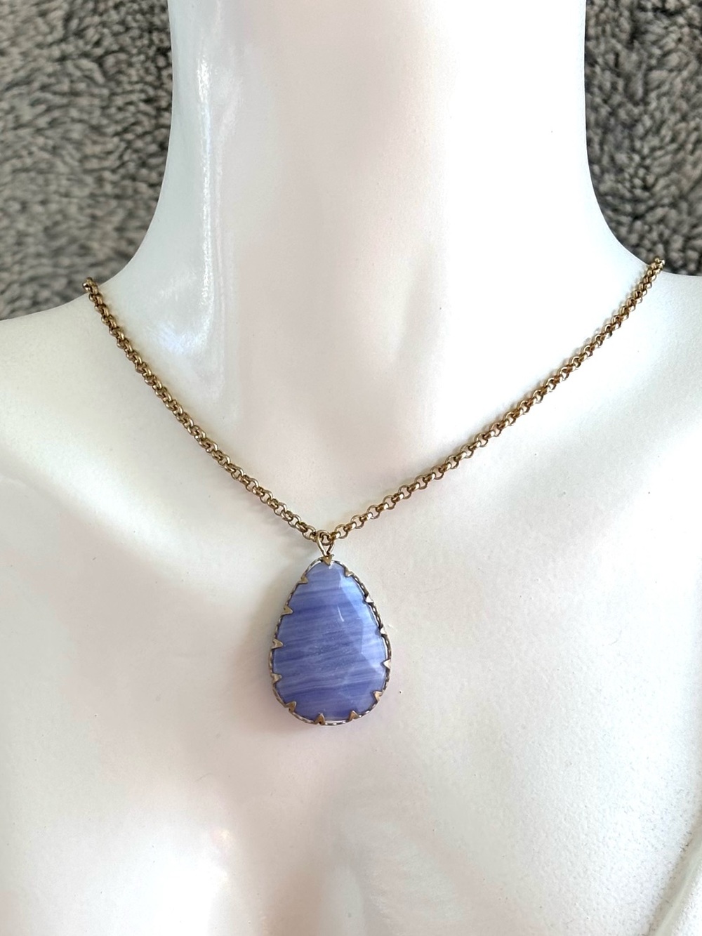 Blue Lace Agate Antiqued Gold over Brass Teardrop Necklace